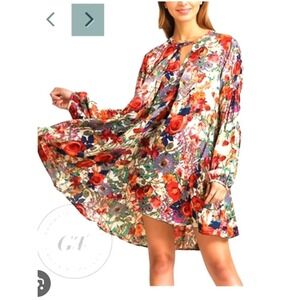 Jodifl Floral Print Long‎ Sleeve Mini Dress Boho Chic Keyhole Casual